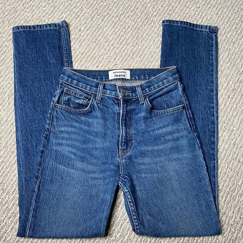 REFORMATION BLUE HIGH WAIST STRAIGHT LEG COTTON BLEND JEAN SIZE 25